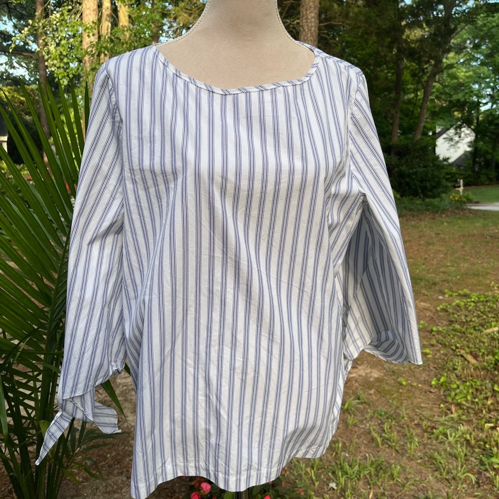 Lafayette 148 Blue Stripe Long Sleeve Cotton Summer Top, XL, EUC